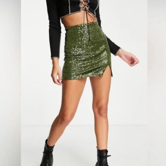 Topshop Green Sequin Lined Short Mini Skirt NWT Party, Bodycon, US size 6 UK 10 - Picture 2 of 5